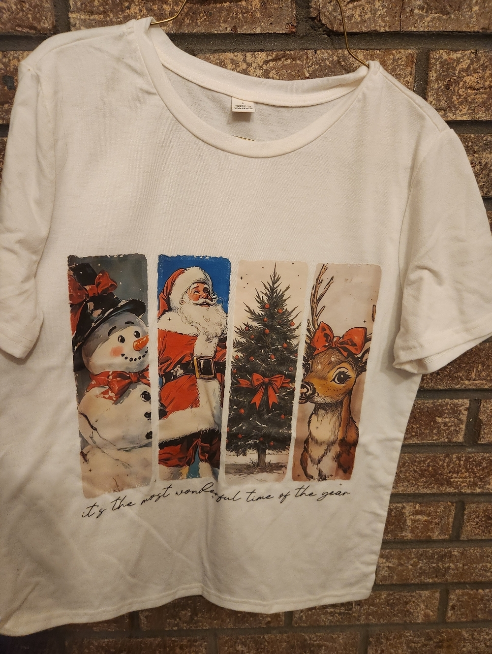 White Christmas Graphic Tee with Santa, Snowman & Reindeer Size Small